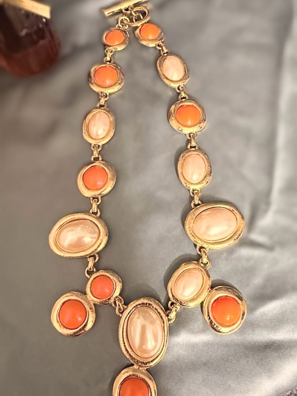 Rare Vintage 1980s Monet Statement Bib Necklace. Signed. orange Lucite/Pearl